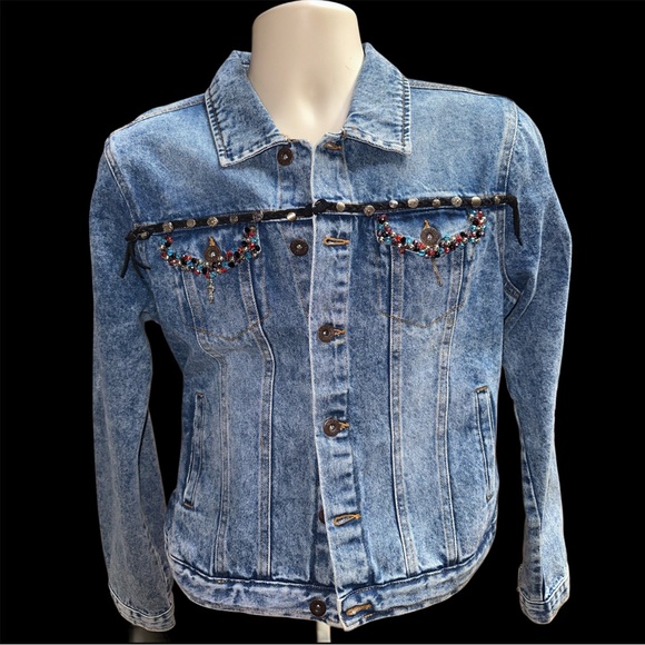 Cross Embroidered Crystal Embellished Jean Jacket - Picture 3 of 10